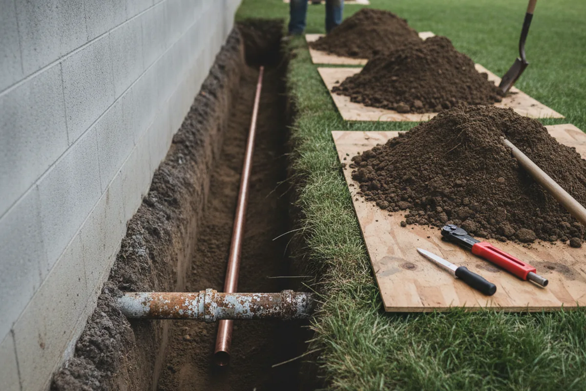 Excavated water line trench during Water Softener Installation in Natchez